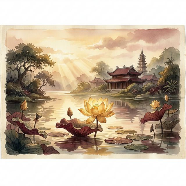 Hoa sen vàng giữa hồ tĩnh lặng