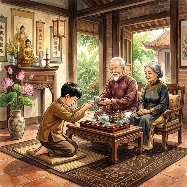 Con chăm sóc cha mẹ già, nét mặt hiếu kính